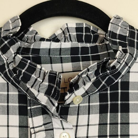 LOFT Long Sleeve Button Down Ruffled Blouse Black and White Plaid - Picture 6 of 12